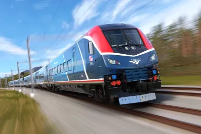 Rendering of blue Amtrak Airo train speeding past blurry trees