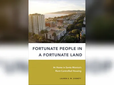 COver of "Fortunate People in a Fortunate Land" book with photo of Santa Monica buildings and beach at sunset.
