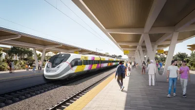 Rendering of Brightline West station platform with white, purple, and yellow train.