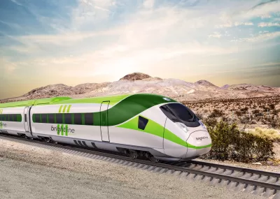 Rendering of Brightline West train passing through Southern California desert