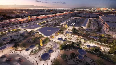 Rendering of aerial view of Las Vegas station for Brightline West high-speed rail line.