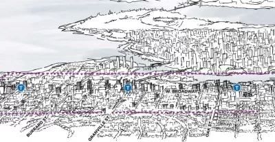 A conceptual rendering showing the potential development capacity of zoning changes included in the Broadway Plan for Vancouver, British Columbia.