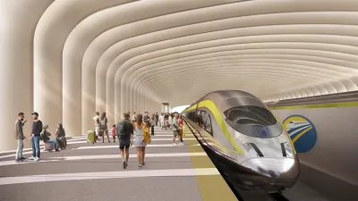 A rendering of a high speed rain station in California, with wide platforms and a sleep train with yellow highlights.
