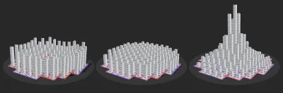 3d diagram of three different city morphologies with various building heights.