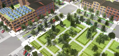 An image of a 3D city block generated by ESRI CityEngine software