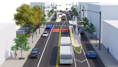 A conceptual rendering of a bus stop and bus-only lane on a downtown street.