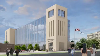 A rendering of the courthouse. The middle section is glass, the far left and right pillars are white.