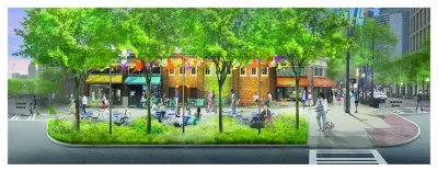 Rendering of Commercial Row Commons redesign with trees, wide sidewalk