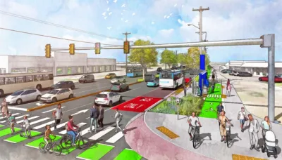 Rendering of redesigned SR 99 in Snohomish County with dedicated bus and bike lanes.