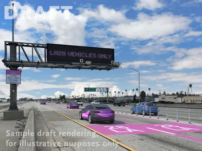 A rendering of Los Angeles highway lanes with white text reading LA 28, and an overhead sign reading "LA 28 VEHICLES ONLY."
