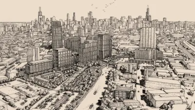 A pencil rendering of Foundry Park, which shows skyscrapers and public green spaces.