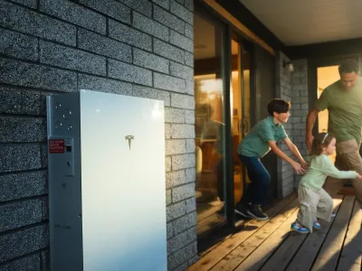 A square Tesla home battery on the side of a home. 