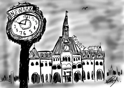 Black and white digital illustration of Newark, New Jersey town square with old clock.