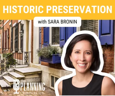 Graphic with Sara Bronin headshot superimposed on photo of historic rowhouse building and "Historic Preservation with Sara Bronin" text