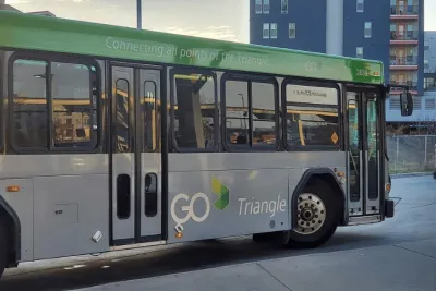 Silver and green GO Triangle bus in North Carolina.