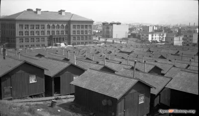 Black and white photos of camp made up of small 'earthquake shacks' in Dolores Park in 1906 after the San Francisco earthquake.