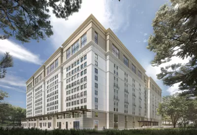 A rendering depicting the proposed design for Munger Hall on the campus of the University of California, Santa Barbara.