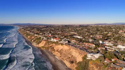 Aerial view of coastline with homes in Encinitas, California