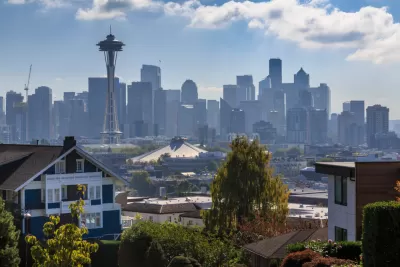 View of Seattle skyline with houses in foreground