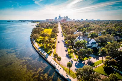 Aerial view of St. Petersburg, Florida coast with downtown skyline in background