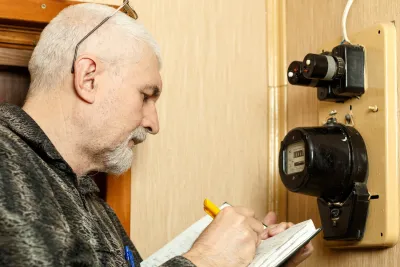 Man looking at electric meter and writing something down.