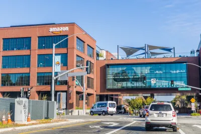 Amazon office building in Palo Alto, California with light traffic in front.