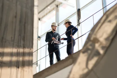 Man and woman in white hard hats standing on balcony at job site.
