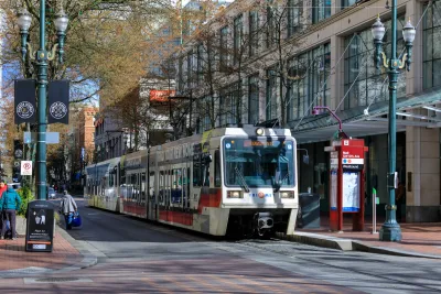 Portland MAX light rail train at station in Portland, Oregon.