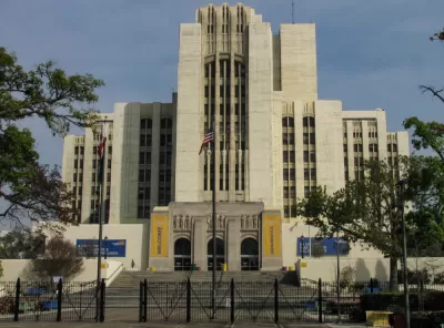 Front view of Art Deco 1933 Los Angeles County General Hospital building