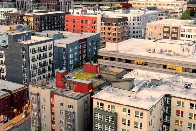 Aerial view of mid-rise apartment buildings in Seattle.