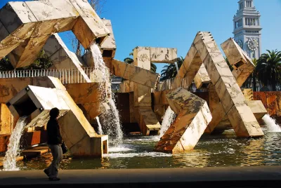 Brutalist concrete Vaillancourt Fountain in public plaza in San Francisco, California.