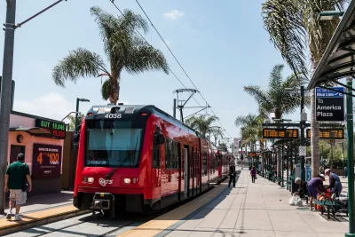 Red San Diego Trolley train at station in San Ysidro, California.