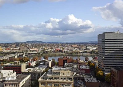 Mid-rise housing next to high-rise building in east Portland, Oregon.