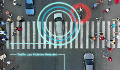Aerial view of crosswalk with digital 'smart' crosswalk concept