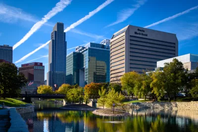 View of Omaha, nebraska skyline with river in foreground