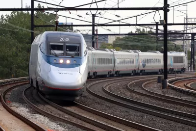Amtrak Acela Express train passing through Harrison station in Newark, New Jersey