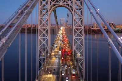 Aerial view of the evening rush hour traffic on George Washington Bridge, as viewed from New Jersey.