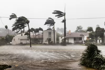 Flooded street with palm trees bending in the wind during Hurricane Irma in Ft. Lauderdale, Florida