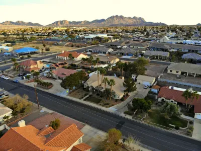 Low aerial of residential neighborhood in Henderson, Nevada.