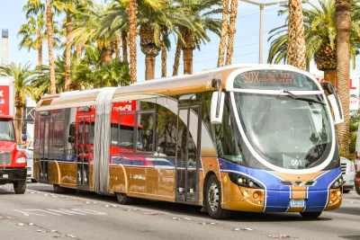 Gold and blue Las Vegas transit bus driving down street with palm trees.