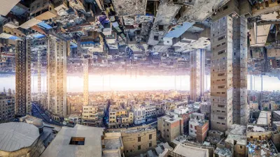 Graphic of cityscape seen both on bottom and reflected on top of image.
