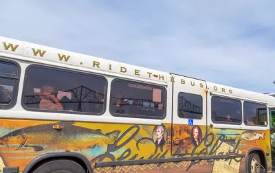 Close-up of Sunset Empire Transportation District bus in Astoria, Oregon