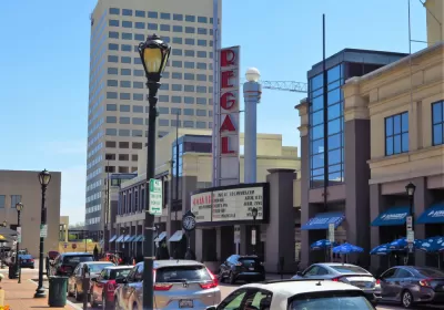 Street with Regal cinema building in downtown Rockville, Maryland