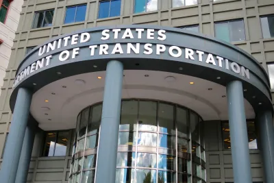 USDOT title above entrance on headquarters building in Washington D.C.