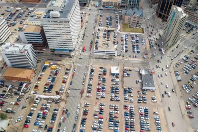 erial drone photo of municipal parking lots Downtown Denver CO.