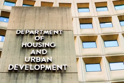 Close-up on sign on headquarters building for HUD in Washington DC.