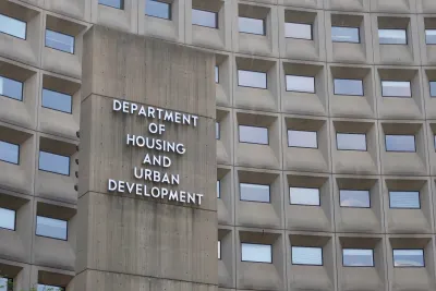 Facade of concrete Department of Housing and Urban Development building in Washington D.C.