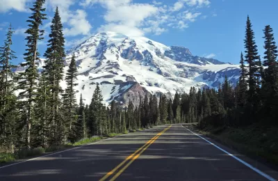 Two-lane asphalt road in Washington state with pine trees along sides and Mt. Rainier in background