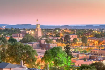 Downtown Santa Fe, New Mexico at dusk.