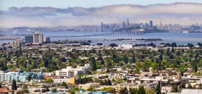 Downtown Berkeley, California with Bay Bridge and San Francisco skyline in background